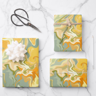Feuille De Papier Cadeau Art fluide abstrait jaune, orange et vert 