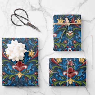 Feuille De Papier Cadeau Art folklorique scandinave motif floral bleu rouge