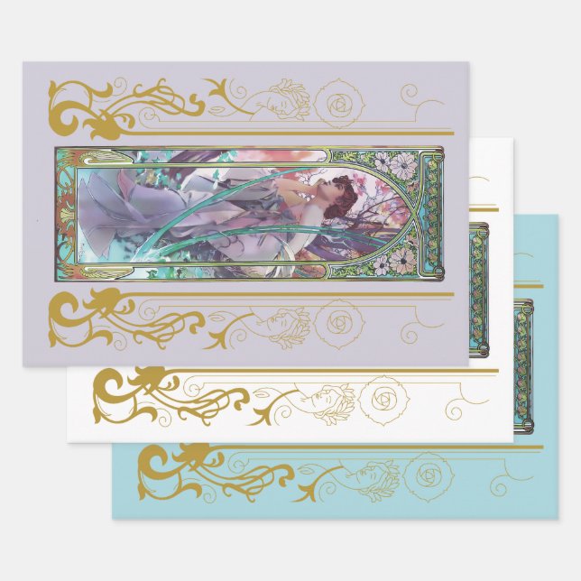 Feuille De Papier Cadeau Art Nouveau Alphonse Mucha Soirée Contemplation (Lot)