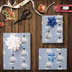 Feuille De Papier Cadeau Art Nouveau Flocons de Neige Manchot Hiver Fantais