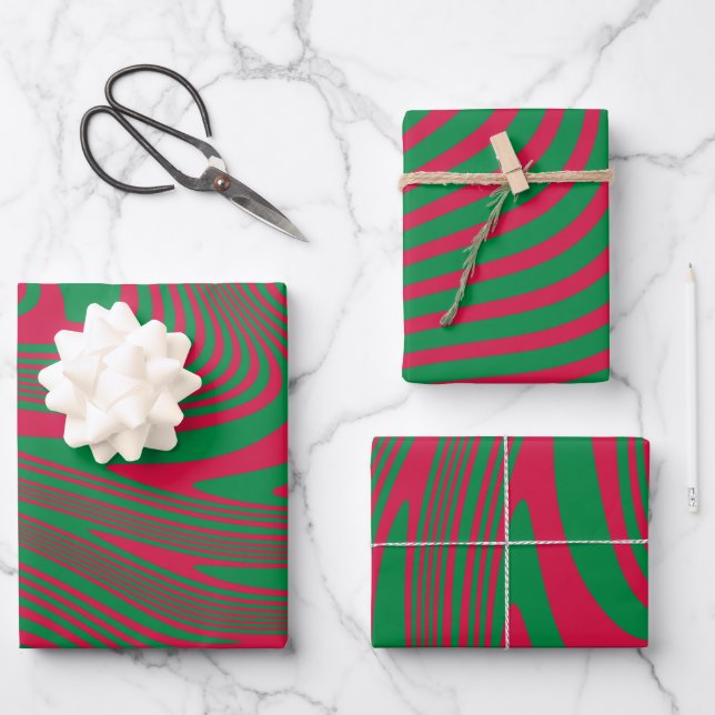 Feuille De Papier Cadeau Artiste Op-Art Rouge Vert Noël Grandes Motif (Recto)