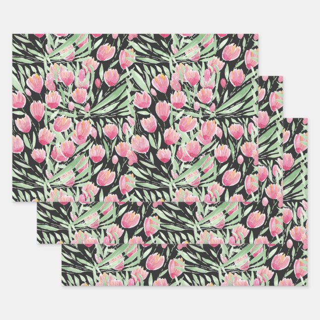 Feuille De Papier Cadeau Artsy rose Tulips Noir Floral Aquarelle (Lot)
