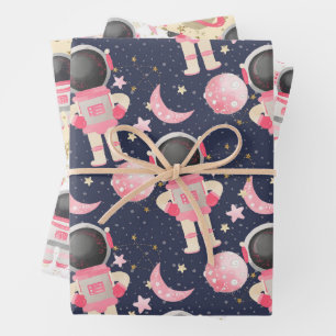 Feuille De Papier Cadeau Astronaut Motif de fille spatiale