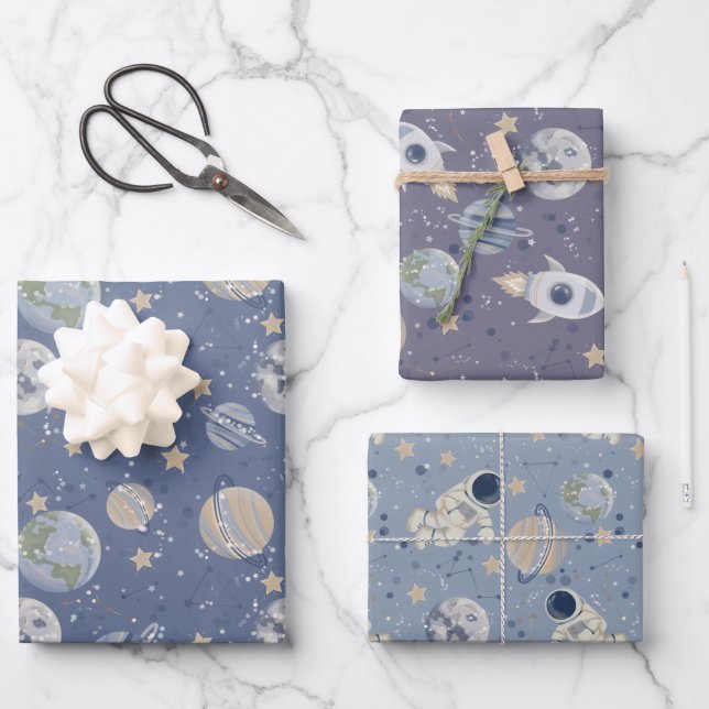 Feuille De Papier Cadeau Astronaute des planètes (Recto)
