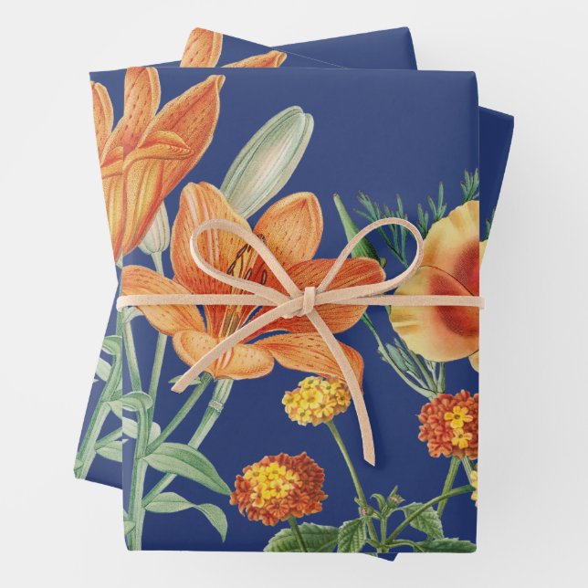 Feuille De Papier Cadeau Automne Aquarelle d'automne Orange Floral Bleu (En situation)