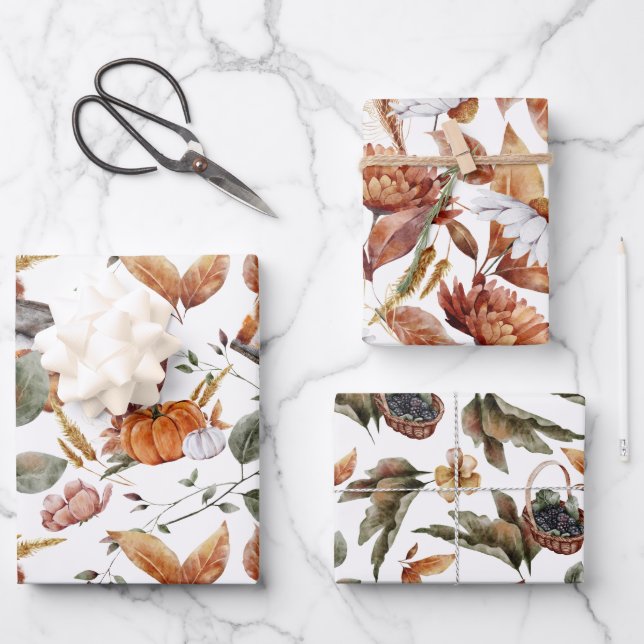 Feuille De Papier Cadeau Automne Automne Motifs en Terracotta, Vert, Rouill (Recto)