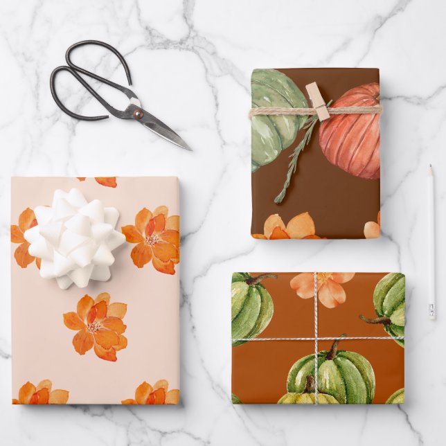 Feuille De Papier Cadeau Automne Citrouille Floral automne (Recto)
