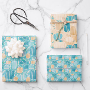 Feuille De Papier Cadeau Automne Citrouilles Turquoises