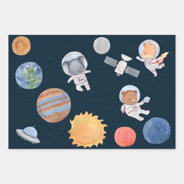 Feuille De Papier Cadeau Aventure spatiale : Planètes et animaux Astronaute (Devant)
