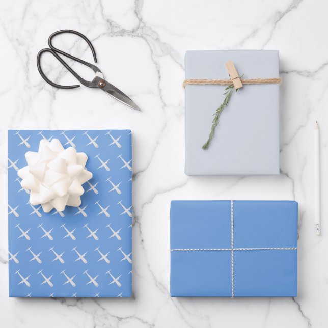 Feuille De Papier Cadeau Avion en bleu (Recto)