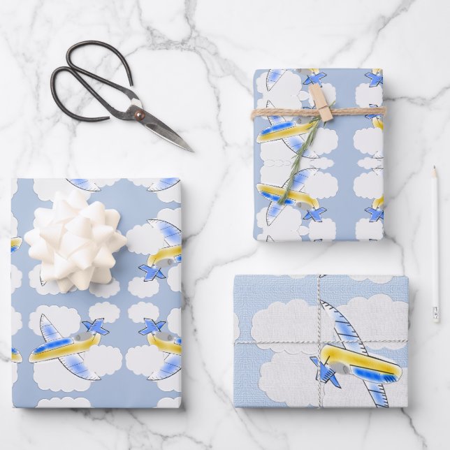 Feuille De Papier Cadeau Avion Jetplane Enfants Animés (Recto)