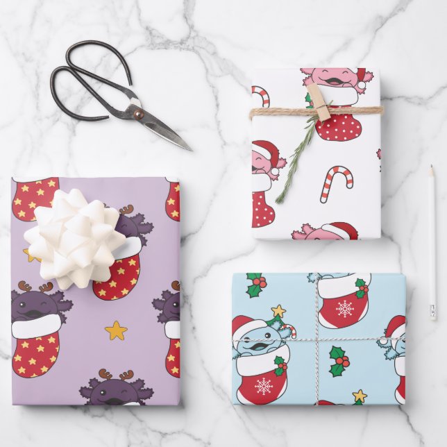 Feuille De Papier Cadeau Axolotl Noël Animaux d'hiver (Recto)