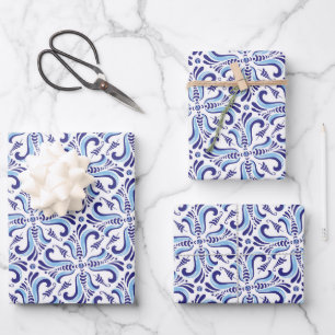 Feuille De Papier Cadeau Azulejos Motif Floral Bleu