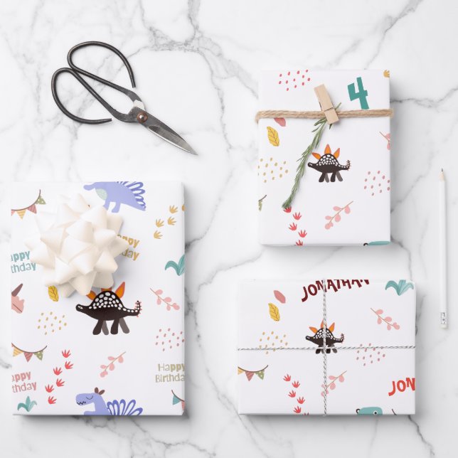 Feuille De Papier Cadeau Baby Boy Dinosaur Nom et âge personnalisés (Recto)