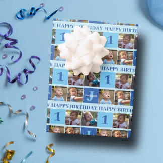 Feuille De Papier Cadeau Baby Boy First Birthday Cute Photo Collage Bleu