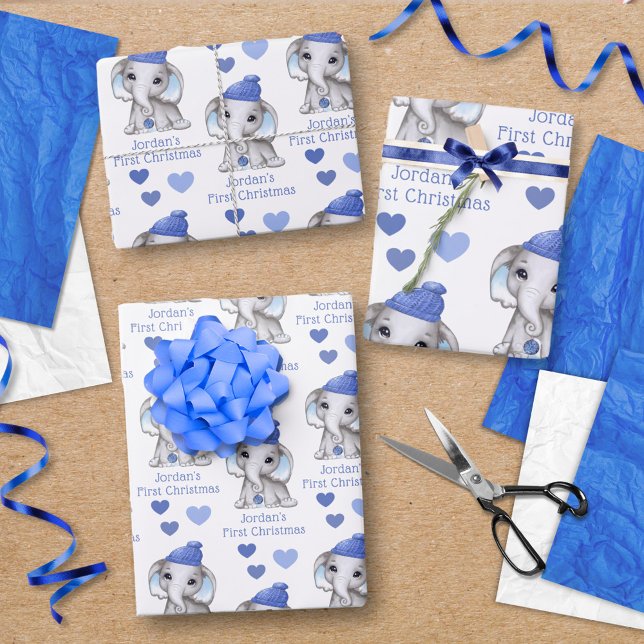 Feuille De Papier Cadeau Baby Boy First Christmas Blue Elephant Personnalis (Créateur téléchargé)