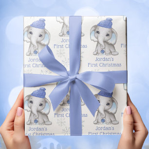 Feuille De Papier Cadeau Baby Boy First Christmas Elephant Blue Snow Name