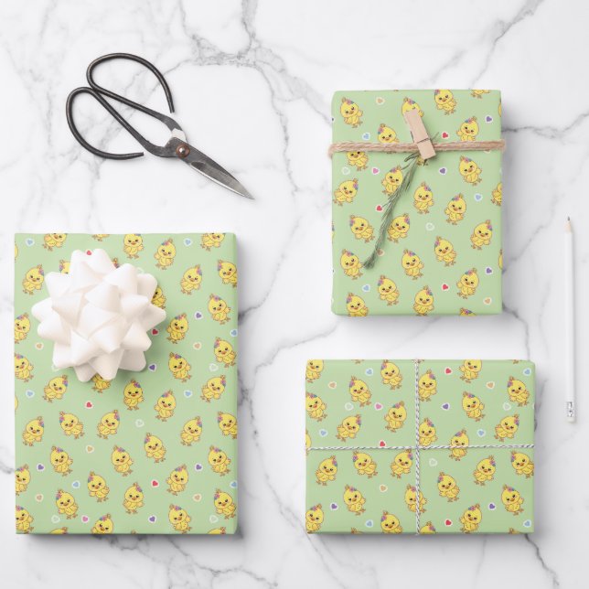Feuille De Papier Cadeau Baby Chicks Whimsical Kawaii Pattern Green (Recto)