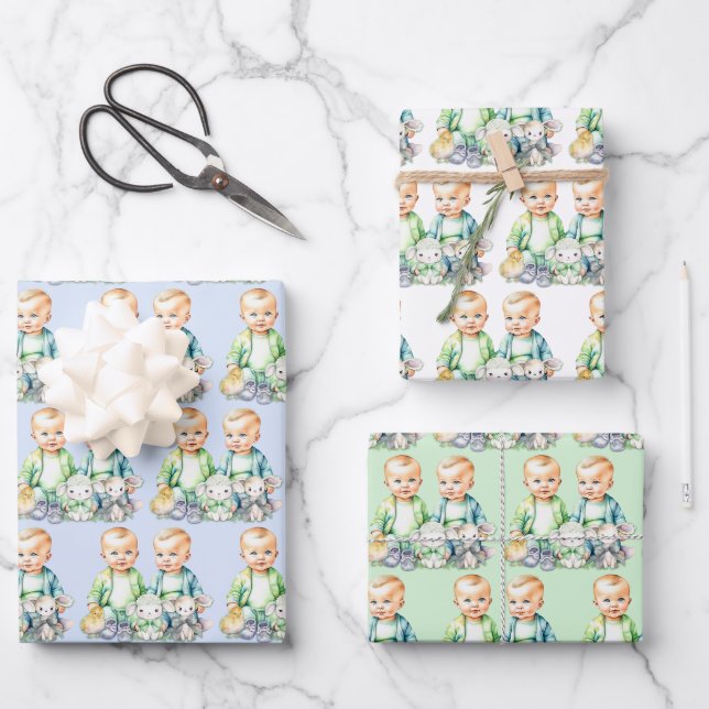 Feuille De Papier Cadeau Baby shower d'aquarelle Blue and Green Twin Boys (Recto)