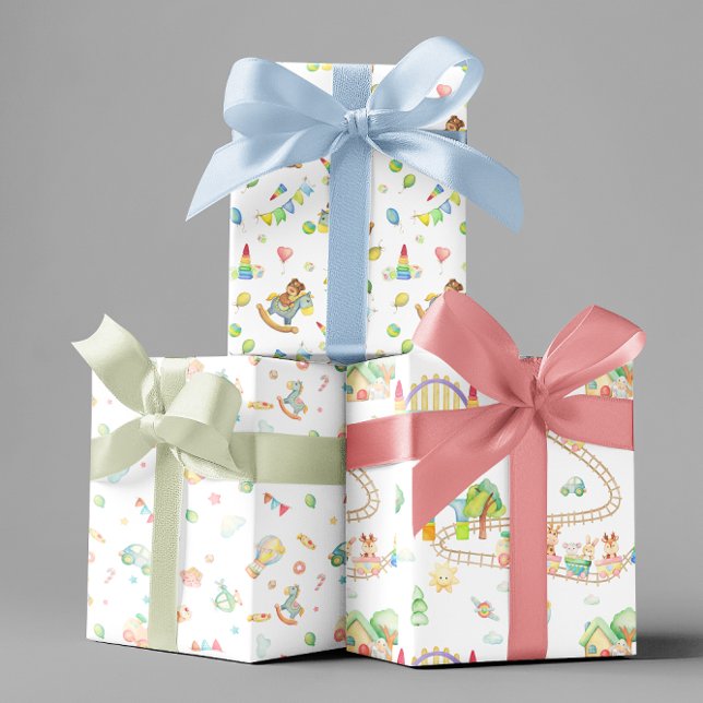 Feuille De Papier Cadeau Baby shower d'aquarelle Jouets bébé Motif de train (Créateur téléchargé)