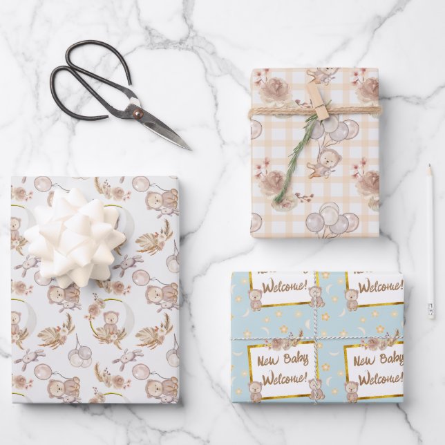 Feuille De Papier Cadeau Baby shower de lune d'ours de Boho neutre (Recto)
