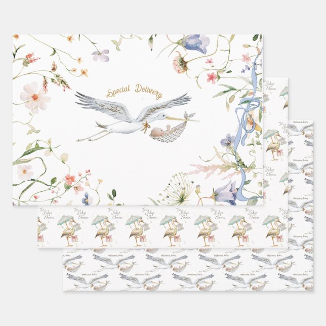 Feuille De Papier Cadeau Baby shower de ruban Fleur sauvage Stork (Lot)
