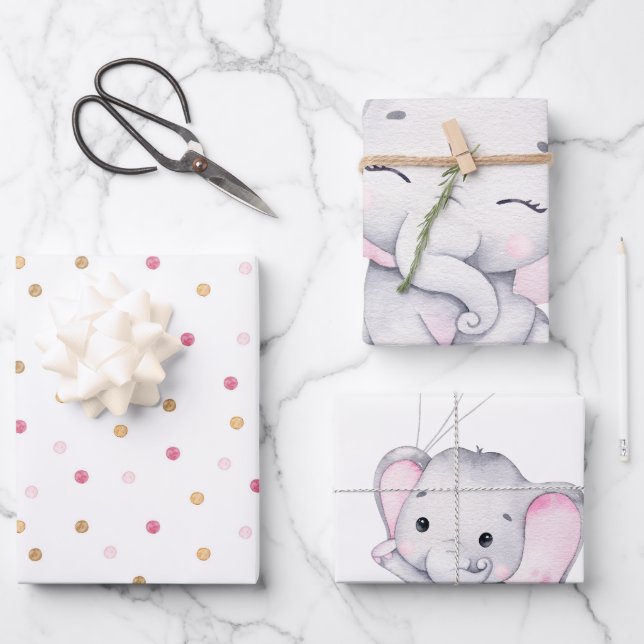Feuille De Papier Cadeau Baby shower d'éléphant rose (Recto)