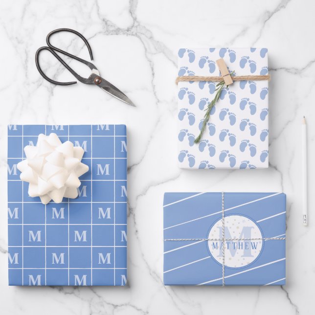 Feuille De Papier Cadeau Baby shower garçon Monogramme personnalisé Emprein (Recto)