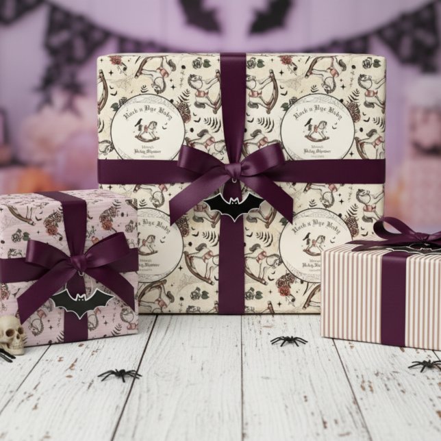 Feuille De Papier Cadeau Baby shower gothique Cheval rocheux victorien rose (Gothic Rock a Bye Baby Halloween Baby Shower Pink Stripes and Spooky Vintage Rocking Horse Pattern)