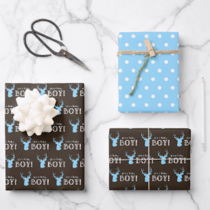 Feuille De Papier Cadeau Baby shower rustique Bois Bleu Cerf