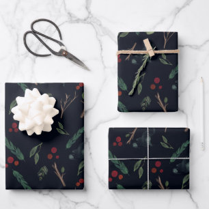 Feuille De Papier Cadeau Baies botaniques simples Motif de Noël