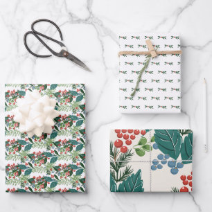 Feuille De Papier Cadeau baies festives traditionnel vert & rouge noël