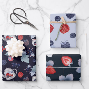Feuille De Papier Cadeau Baies myrtilles fraise motif théière bleu