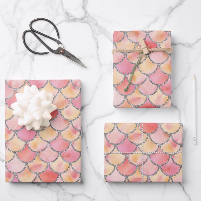 Feuille De Papier Cadeau Balances de sirène jaune, rose et argent (Recto)