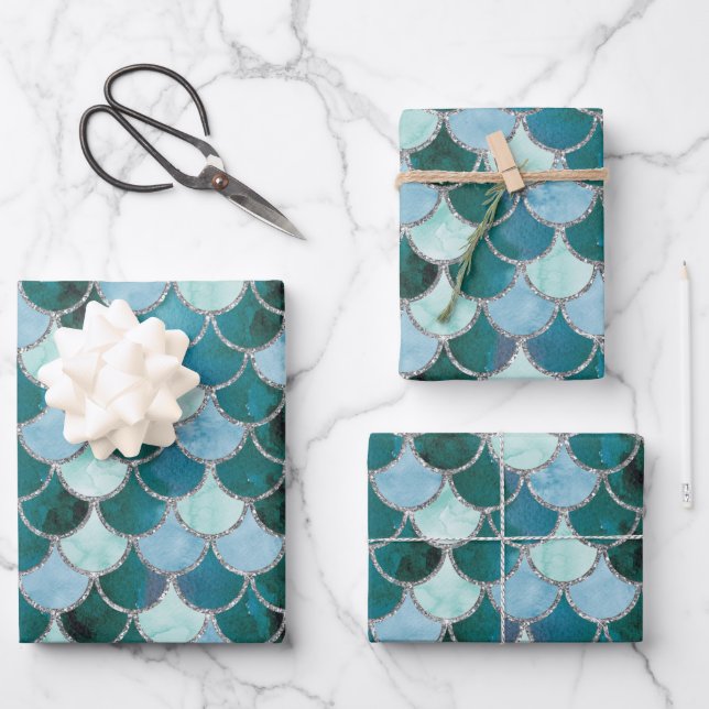 Feuille De Papier Cadeau Balances de sirènes bleues, turquoises et argentée (Recto)