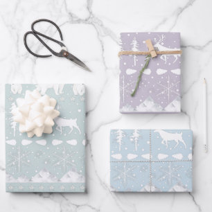 Feuille De Papier Cadeau Balayage nordique Animaux d'hiver Couleurs pastel