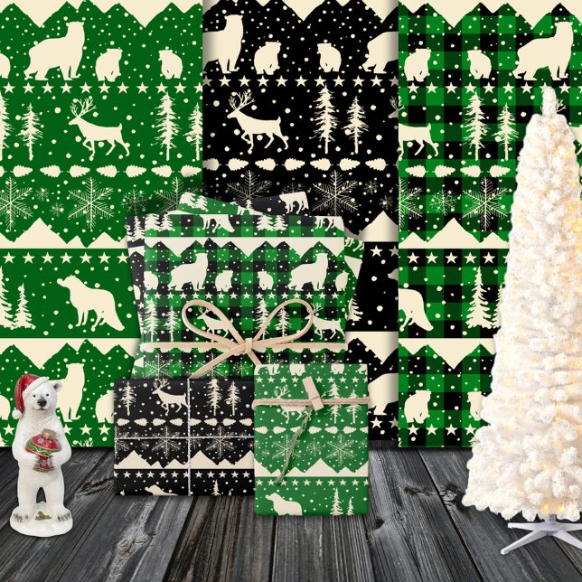Feuille De Papier Cadeau Balayage nordique Beige Vert Plaid Animaux d'hiver (Nordic Sweater Beige Green Plaid Winter Animals Wrapping Paper Sheets)