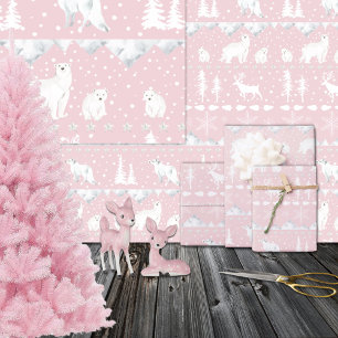 Feuille De Papier Cadeau Balayage nordique Blanc Animaux d'hiver Joli rose