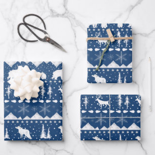 Feuille De Papier Cadeau Balayage nordique Blanc Animaux d'hiver Marine Ble