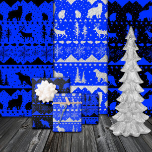 Feuille De Papier Cadeau Balayage nordique Bleu Noir Argent Animaux d'hiver
