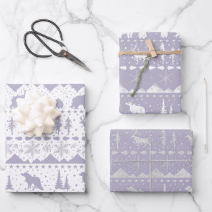 Feuille De Papier Cadeau Balayage nordique Purple Blanc Argent Animaux d'hi