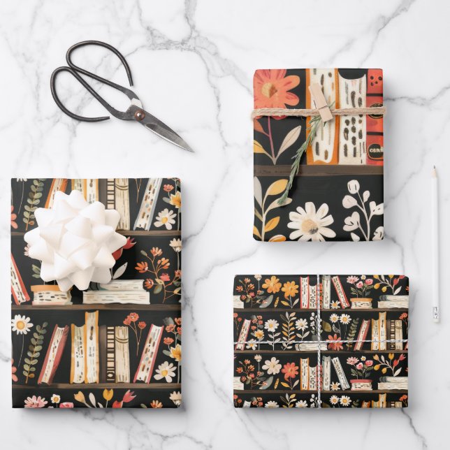 Feuille De Papier Cadeau Balise cadeau Livres et Fleurs (Recto)