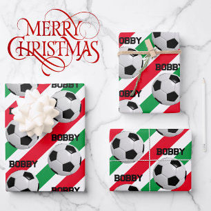 Feuille De Papier Cadeau Balle de football Noël Ajouter le nom 3 Enfants