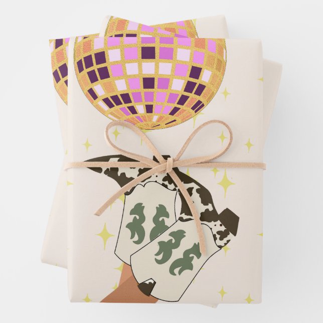 Feuille De Papier Cadeau Balle Disco Cowboy Moderne Beige (En situation)