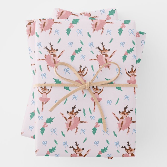 Feuille De Papier Cadeau Ballerina Reindeer et Bows Noël (En situation)