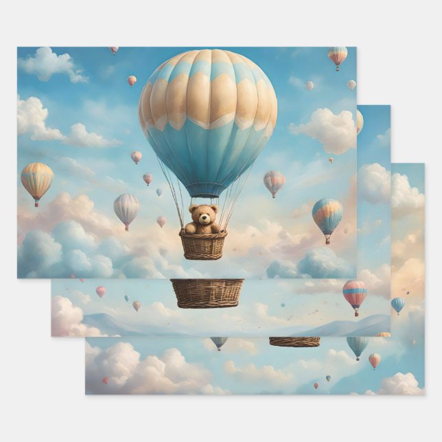 Feuille De Papier Cadeau Ballons à air chaud et nounours (Lot)