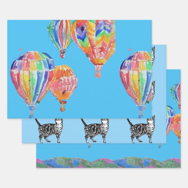 Feuille De Papier Cadeau Ballons Blue Hot Air Balloon Boys Aquarelle (Lot)
