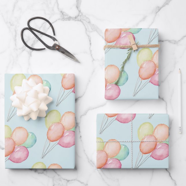 Feuille De Papier Cadeau Ballons d'aquarelle en bleu (Recto)