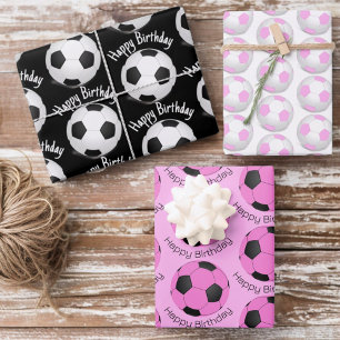 Feuille De Papier Cadeau Ballons de football rose, blanc et noir pour l'ann