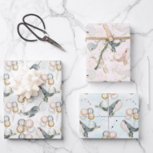 Feuille De Papier Cadeau Balloon bleu rose gris baleine Baby shower d'anniv